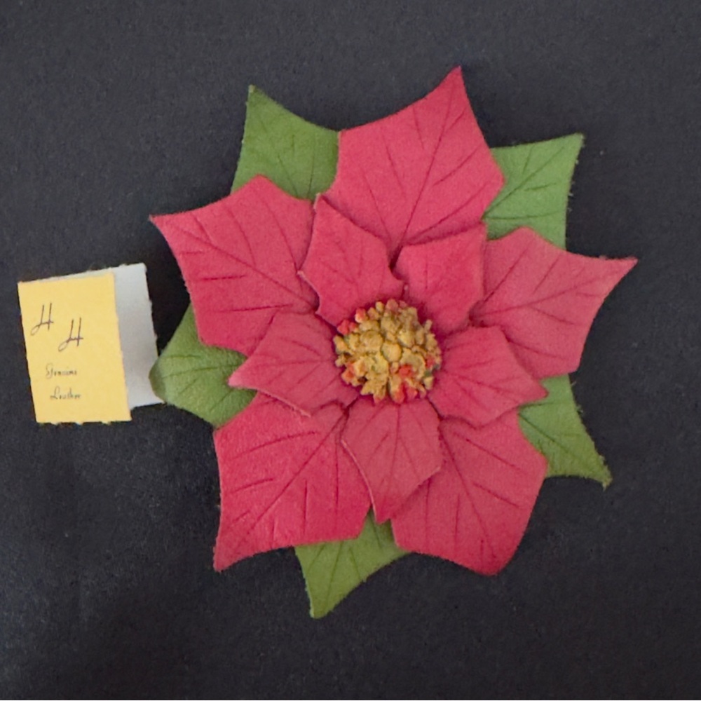 Festive Leather Red and Green Poinsettia Decorative Brooch